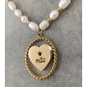 COLAR DE PÉROLAS COM CORAÇÃO E A PALAVRA MÃE - AÇO INOXIDÁVEL