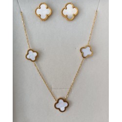 Conjunto Trevo De Quatro Folhas -Aço Inoxidável & Madrepérola