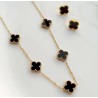 CONJUNTO TREVO DE QUATRO FOLHAS COM PEDRA ÓNIX - AÇO INOXIDÁVEL