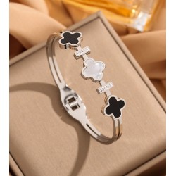 PULSEIRA BRACELETE TREVO 4 FOLHAS DE MADREPÉROLA COM BRILHANTES - AÇO INOXIDÁVEL