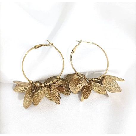 BRINCOS ARGOLA COM FOLHAS EM AÇO INOXIDÁVEL