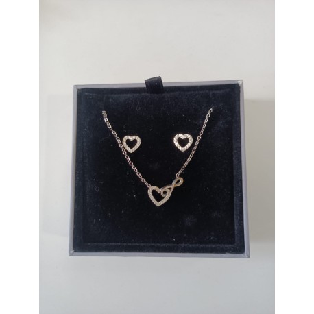 Conjunto Colar e Brincos com corações, infinito e zircônias em aço inoxidável